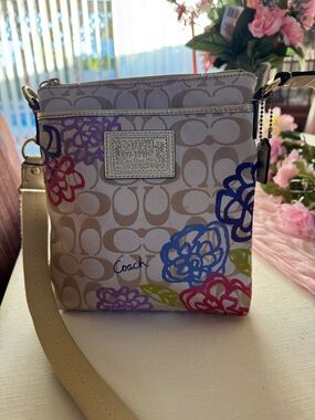 Coach Beige Signature Crossbody with Multicolor Floral Print